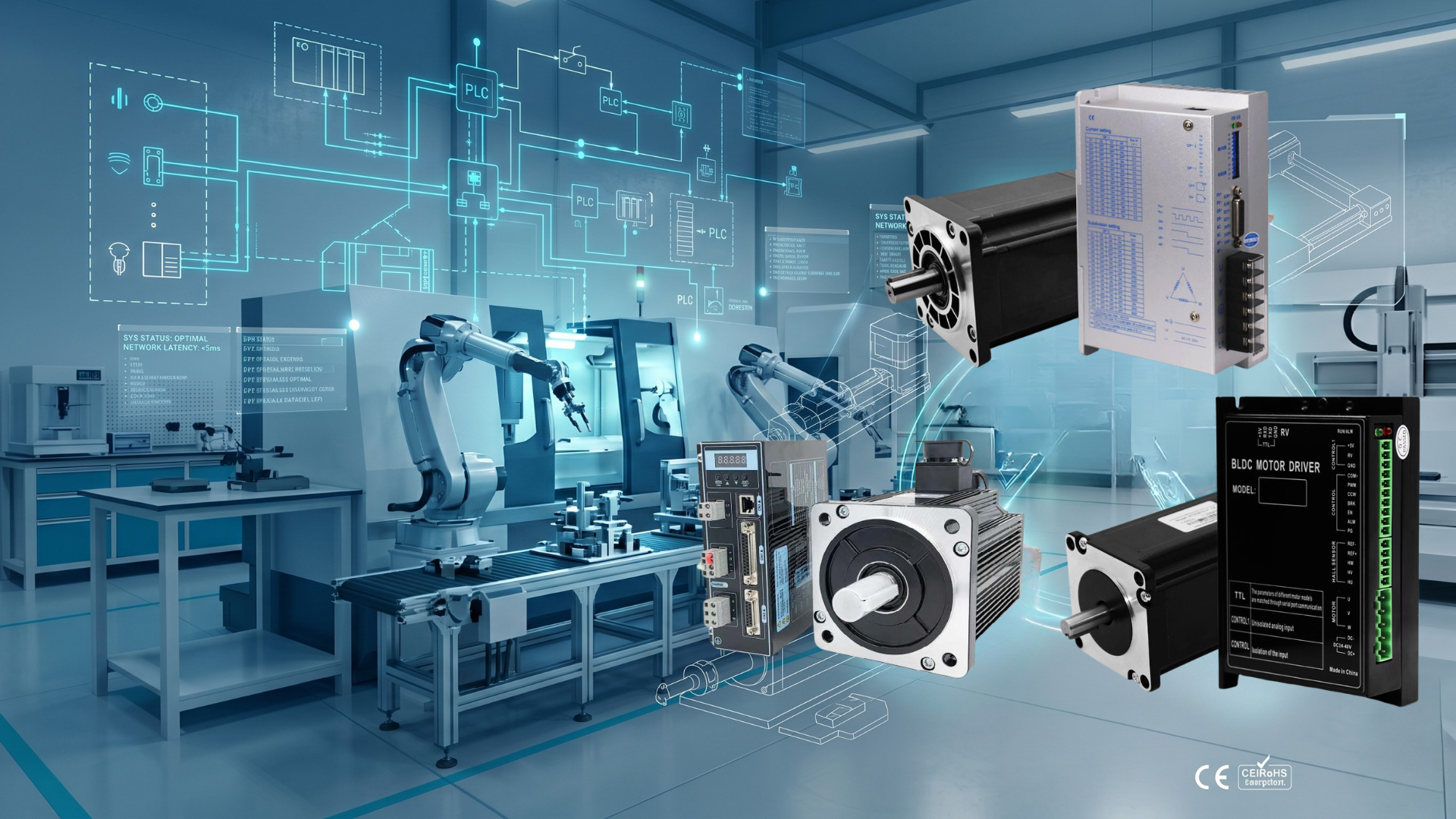 4 Types of Industrial Drives Explained - Sefowod Four types of industrial drives comparison diagram showing servo, stepper, VFD, and BLDC