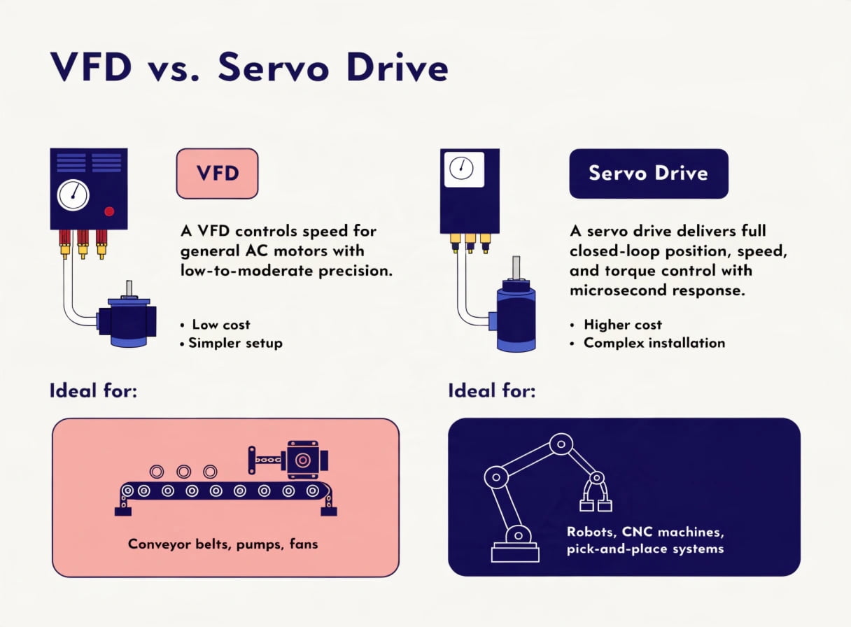 VFD vs Servo Drive - Key Differences Explained - Sefowod Side-by-side comparison chart of VFD vs servo drive specifications and use cases